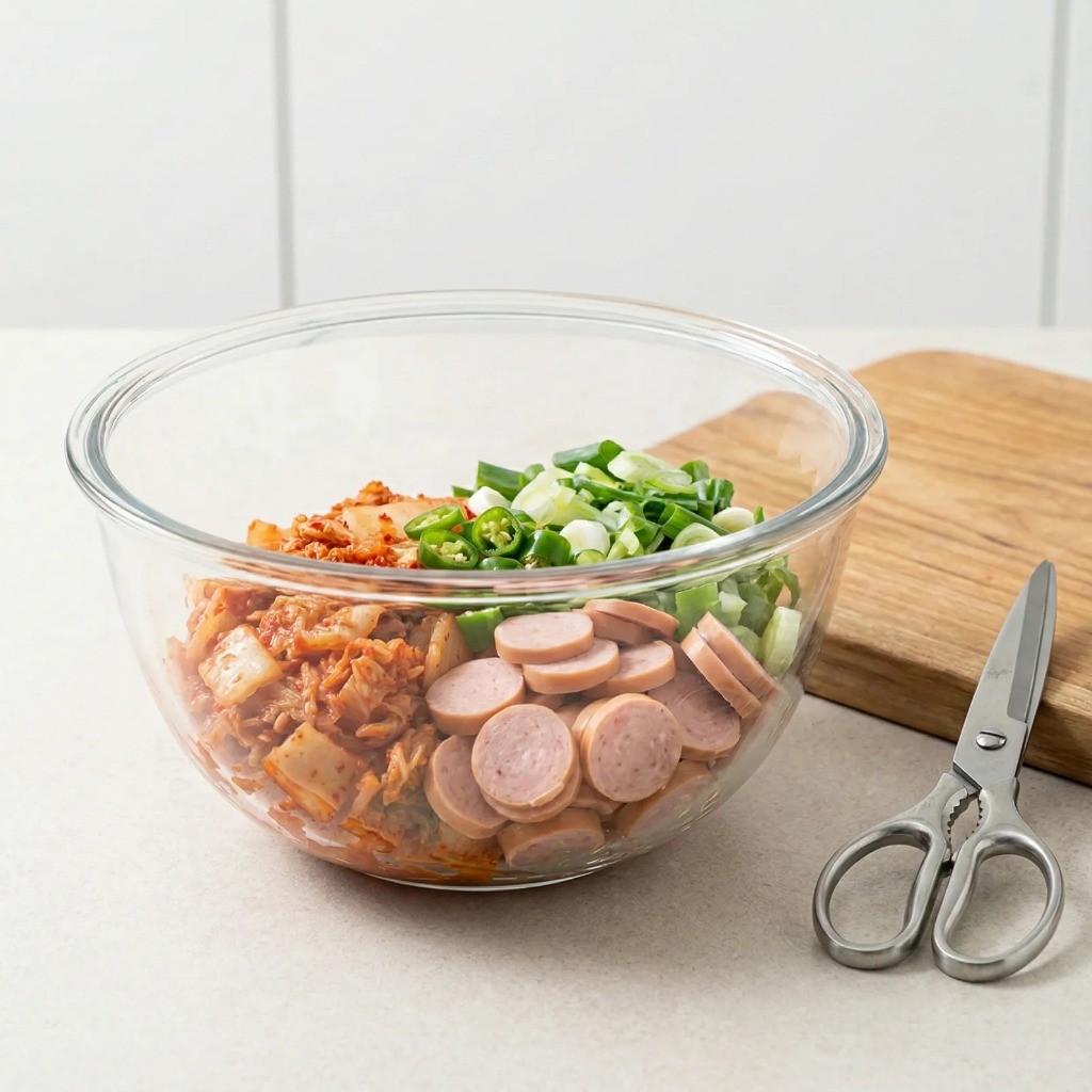 김치전 재료 손질: 신김치 가위로 자르고 소세지 썰기