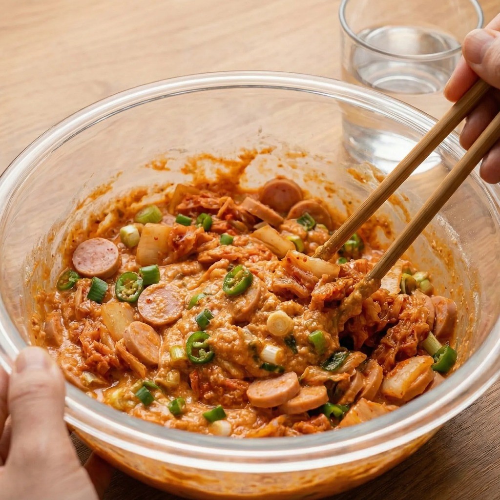 김치전 반죽 만들기: 부침가루와 물을 넣고 살살 섞는 요령