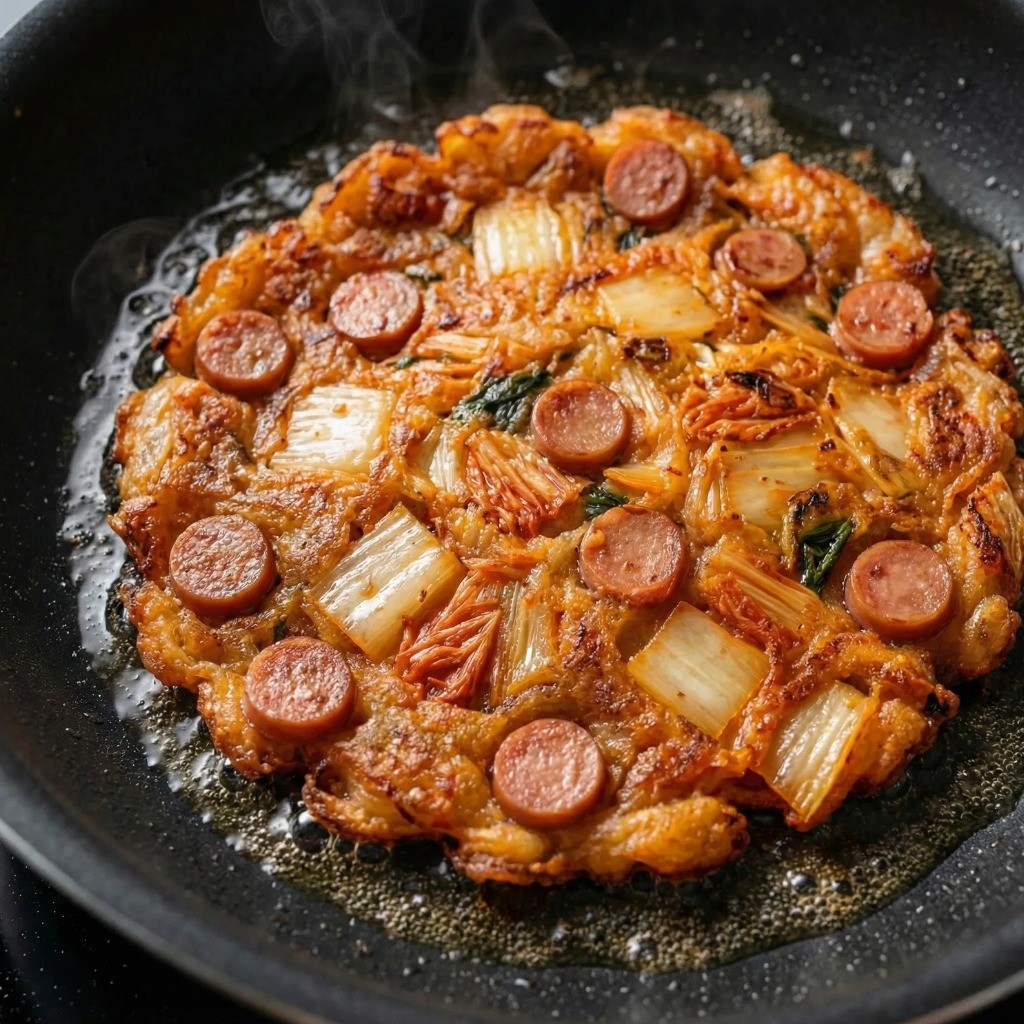 김치전 바삭하게 굽는 법: 기름을 넉넉히 두르고 튀기듯 굽기