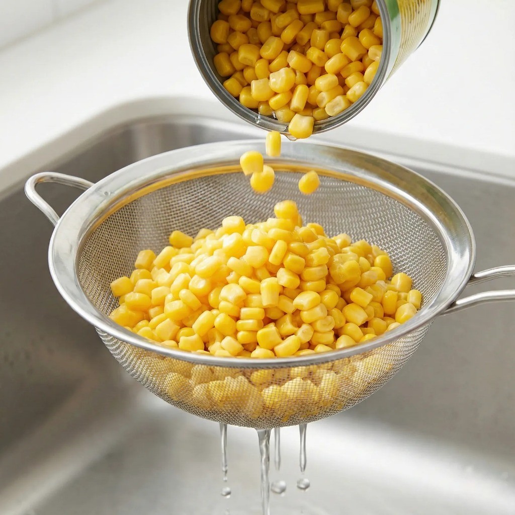옥수수전 만들기 재료 준비, 체에 밭쳐 통조림 옥수수 물기 제거하기