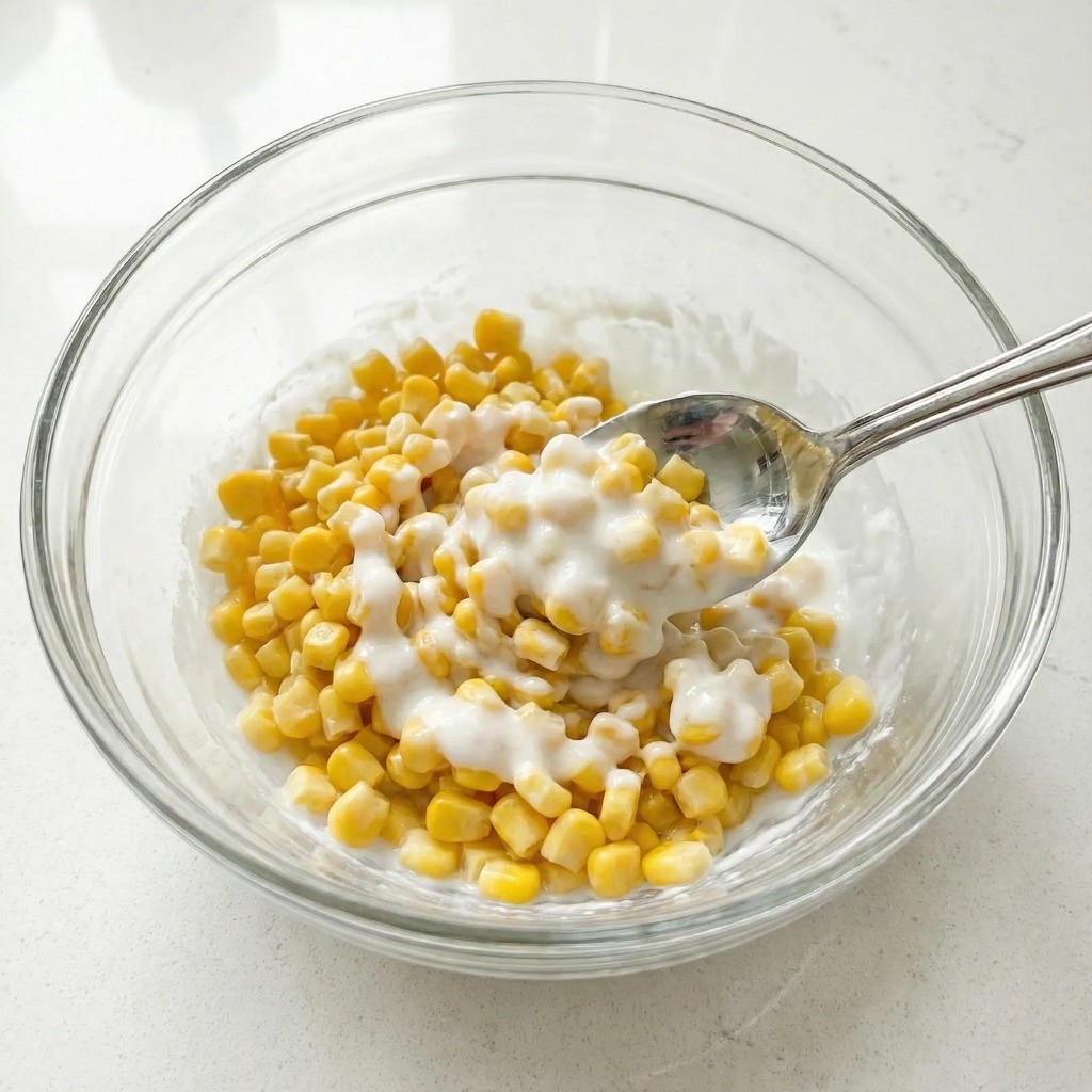 캔옥수수 요리 과정, 옥수수 알갱이와 전분 반죽 골고루 섞기