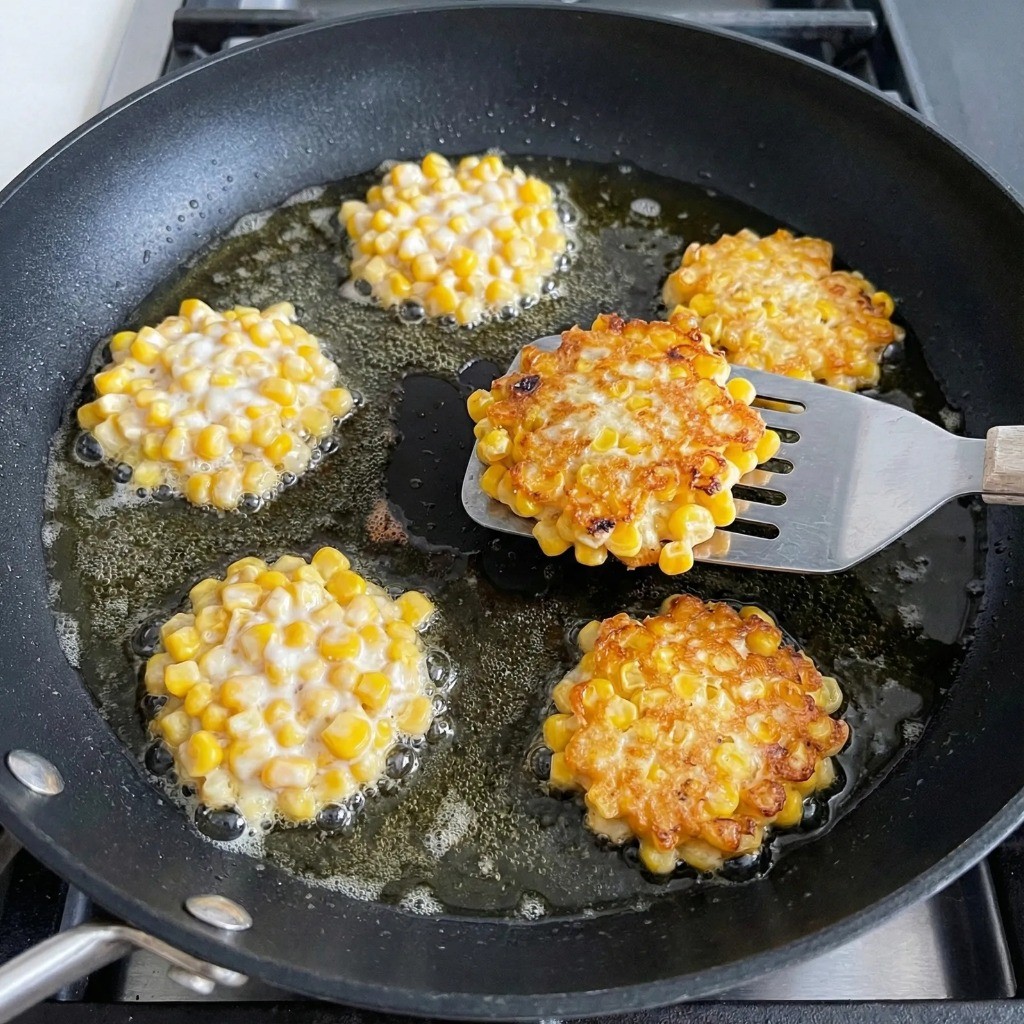 백종원 옥수수전 튀기는 법, 프라이팬에 식용유 넉넉히 두르고 숟가락으로 떠서 굽기