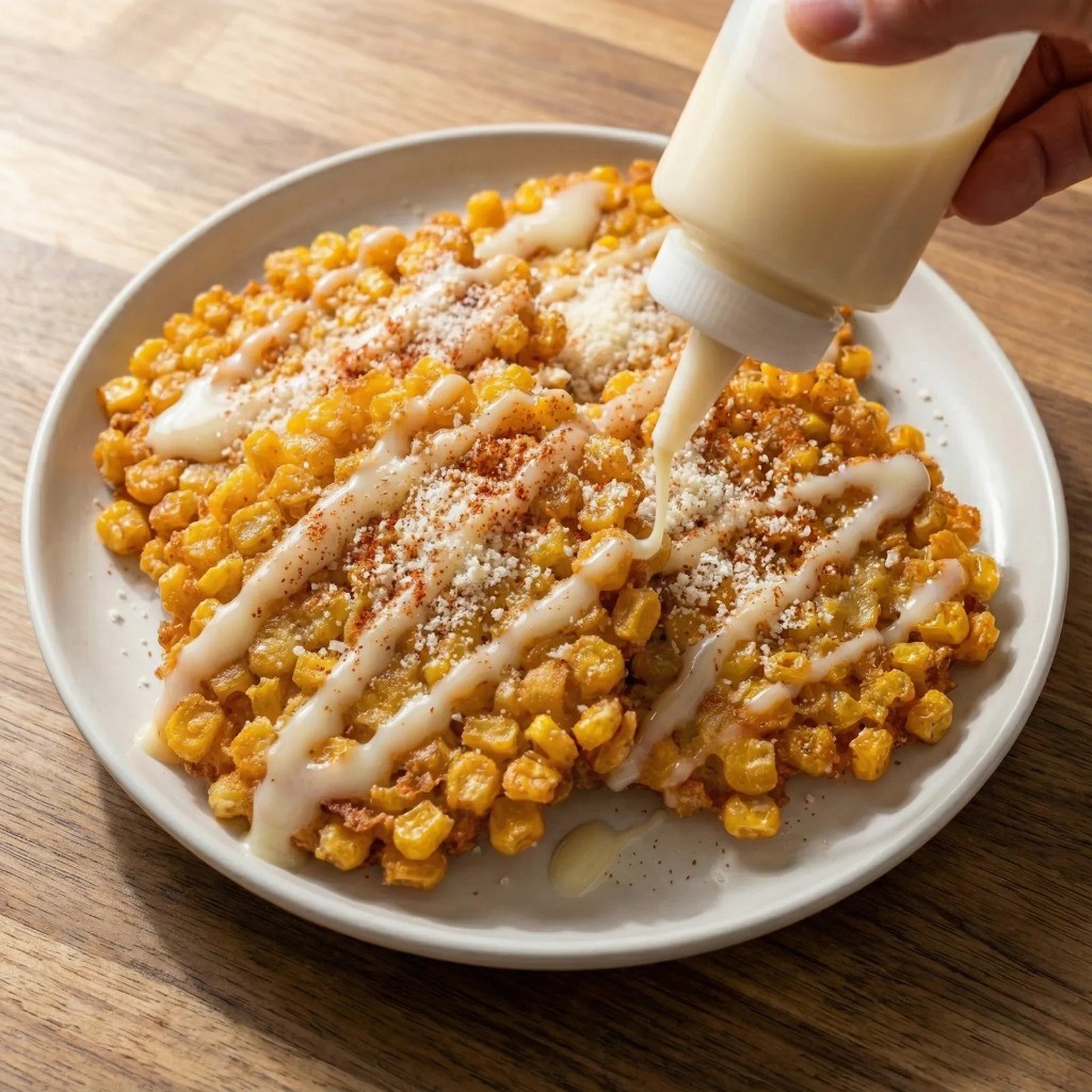 마약옥수수 스타일 토핑, 바삭한 옥수수전에 연유와 고춧가루 파마산 치즈 뿌리기