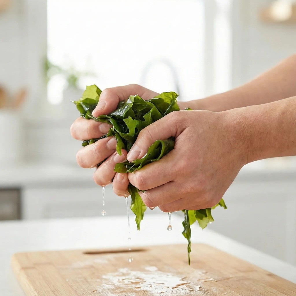 백종원 미역냉국 재료 손질 - 불린 미역 물기 제거 및 먹기 좋게 자르는 과정