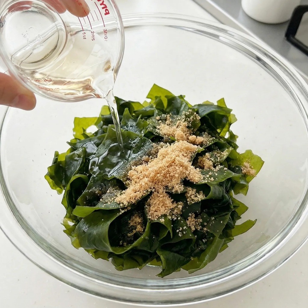 미역 비린내 제거 비법 - 식초와 설탕을 먼저 넣어 미역 밑간하기