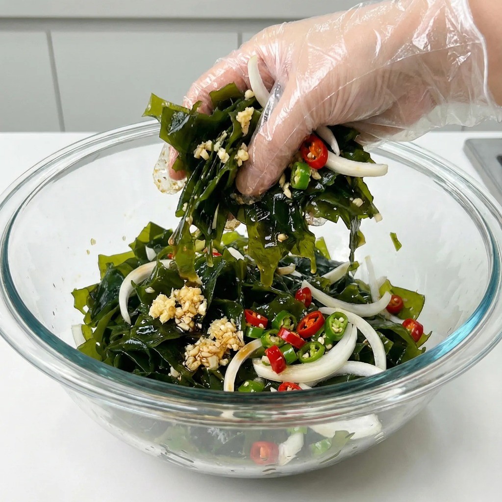 미역냉국 만드는 법 - 양념된 미역에 양파, 청양고추 등 채소 고명 섞기