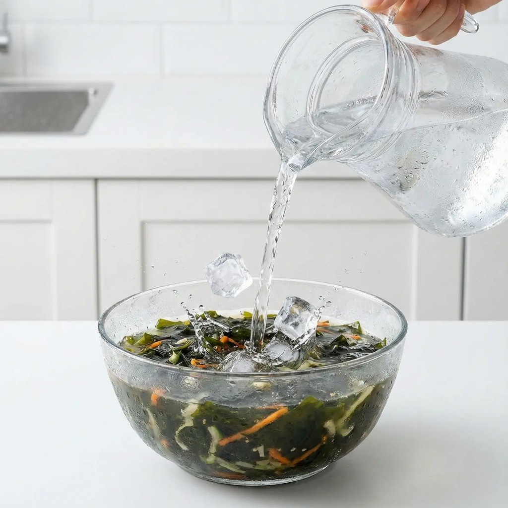 초간단 미역냉국 완성 단계 - 시원한 물과 얼음을 부어 마무리하기