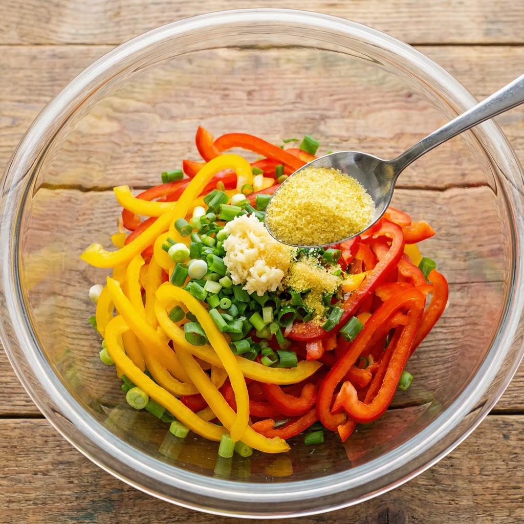 파프리카 무침 양념 준비 - 볼에 담긴 채 썬 파프리카와 대파, 간 마늘, 설탕