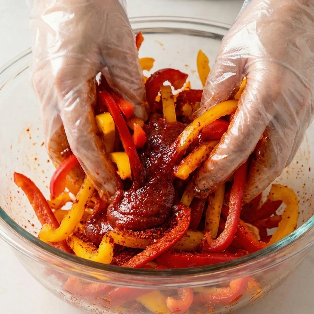 파프리카 무침 만들기 - 고추장 또는 된장 양념을 넣고 골고루 버무리는 과정