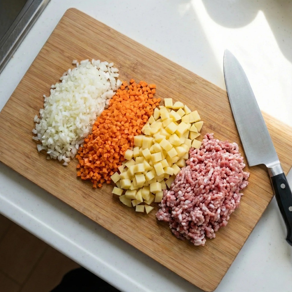 백종원 우유카레 재료 준비 - 채소와 고기 잘게 다지기