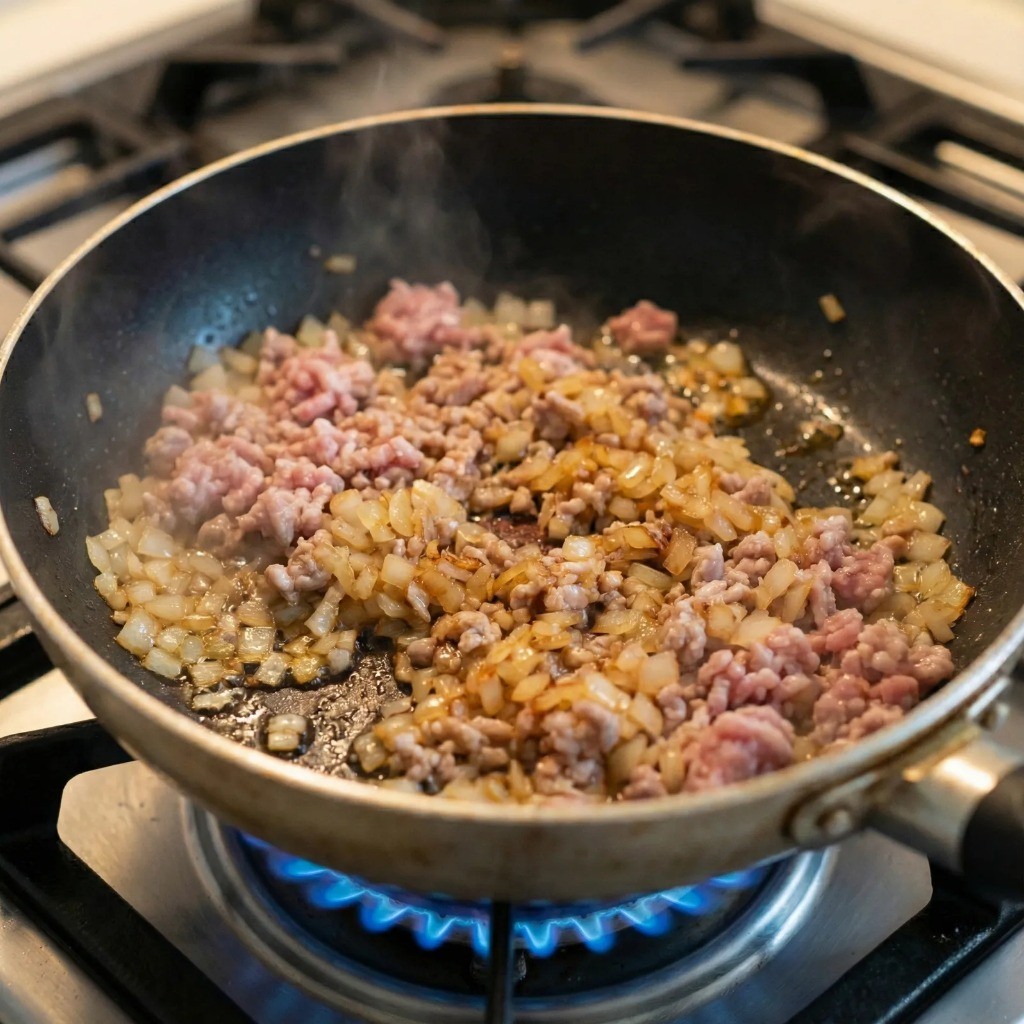 우유카레 만들기 - 식용유에 다진 고기와 양파 충분히 볶기