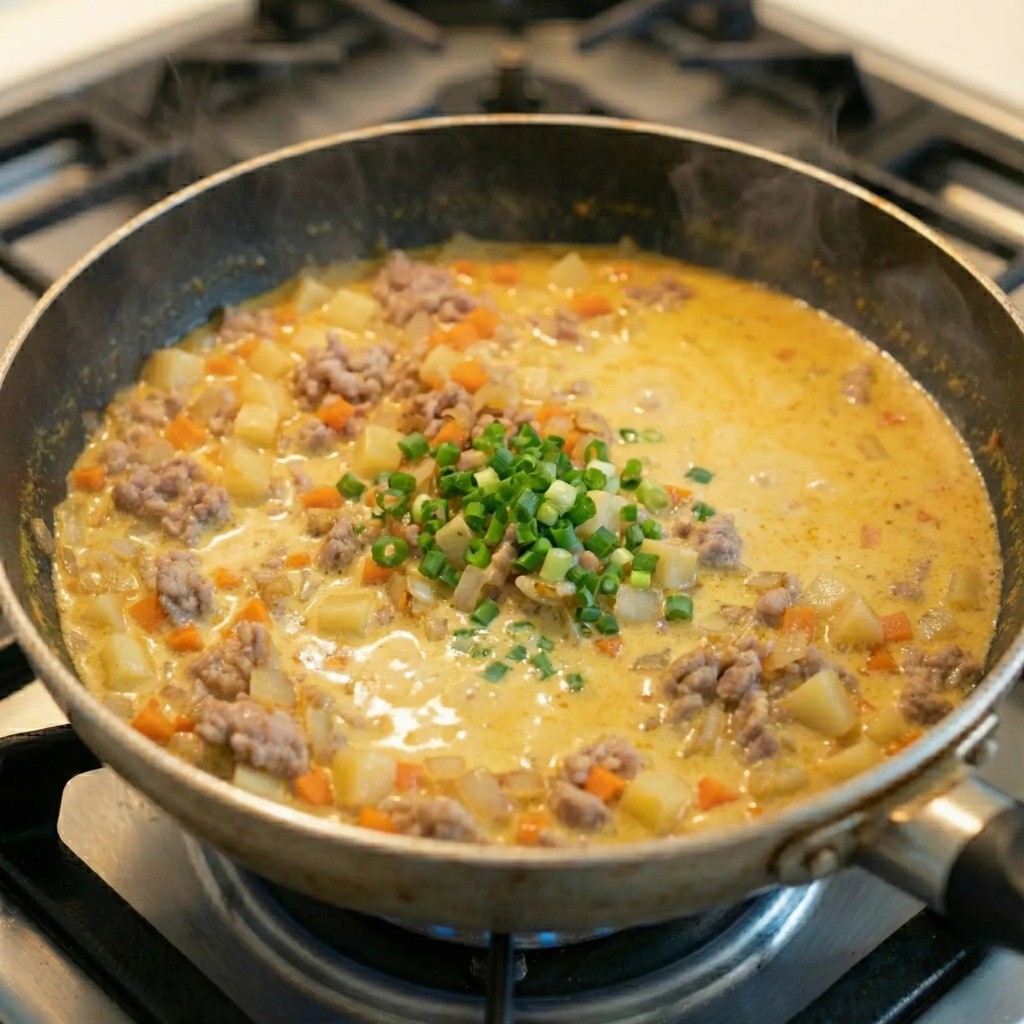 백종원 우유카레 조리 끝 - 카레가루 풀고 쪽파 올려 완성