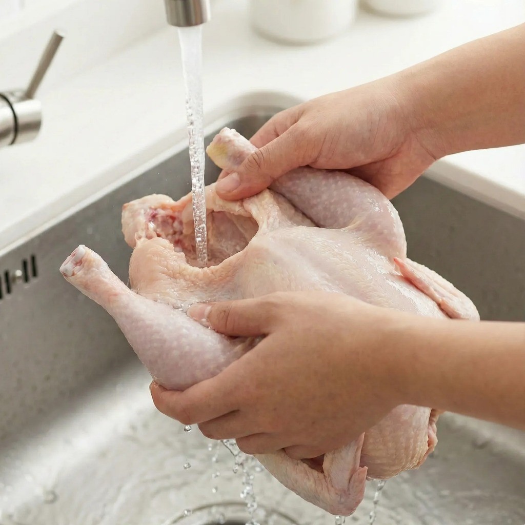 닭 잡내 제거를 위해 흐르는 물에 붉은 내장을 꼼꼼히 씻어내는 닭 손질 과정