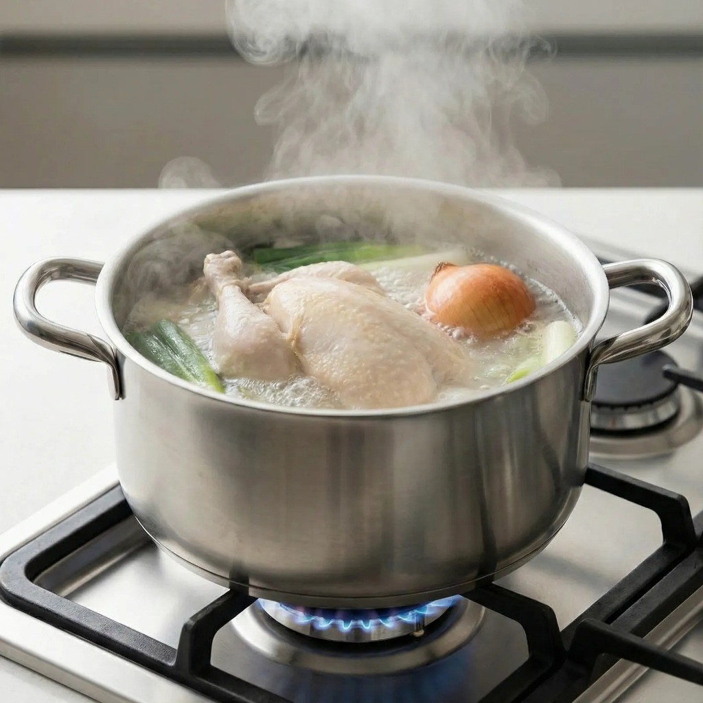 진한 국물을 위해 센 불에서 30분간 보글보글 끓이고 있는 닭곰탕 조리 과정