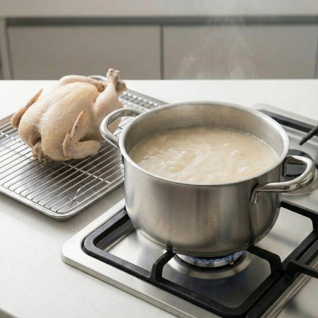 삶은 닭을 건져내고 육수의 깊은 맛을 내기 위해 국물만 더 끓여 졸이는 방법