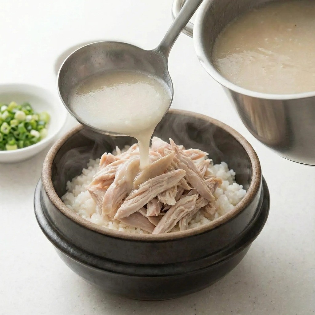 그릇에 찢어둔 닭고기와 국물을 담고 대파와 후추를 뿌려 완성한 백종원 닭곰탕