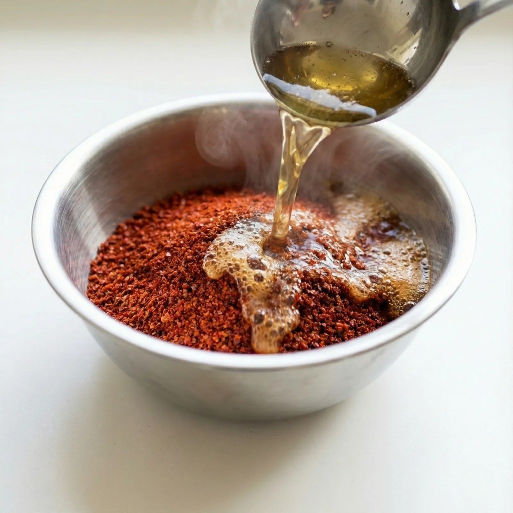 끓는 기름을 고춧가루에 부어 고추기름 만드는 과정