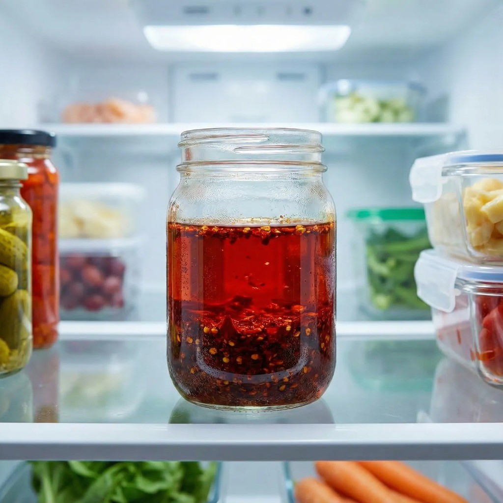 완성된 수제 고추기름 식히기 및 밀폐 용기 냉장 보관