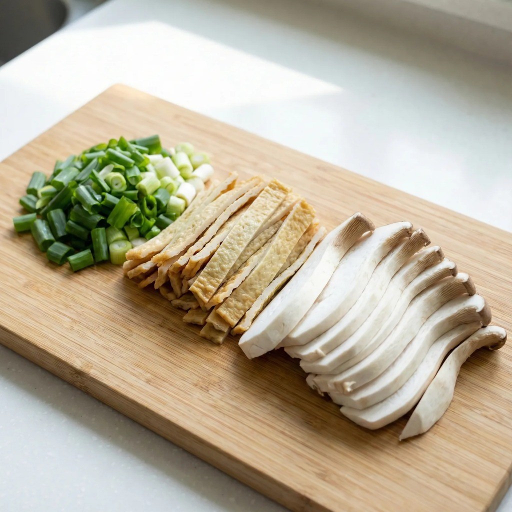 백종원 비빔면 재료 손질: 대파 송송 썰기, 어묵과 새송이버섯 채 썰기