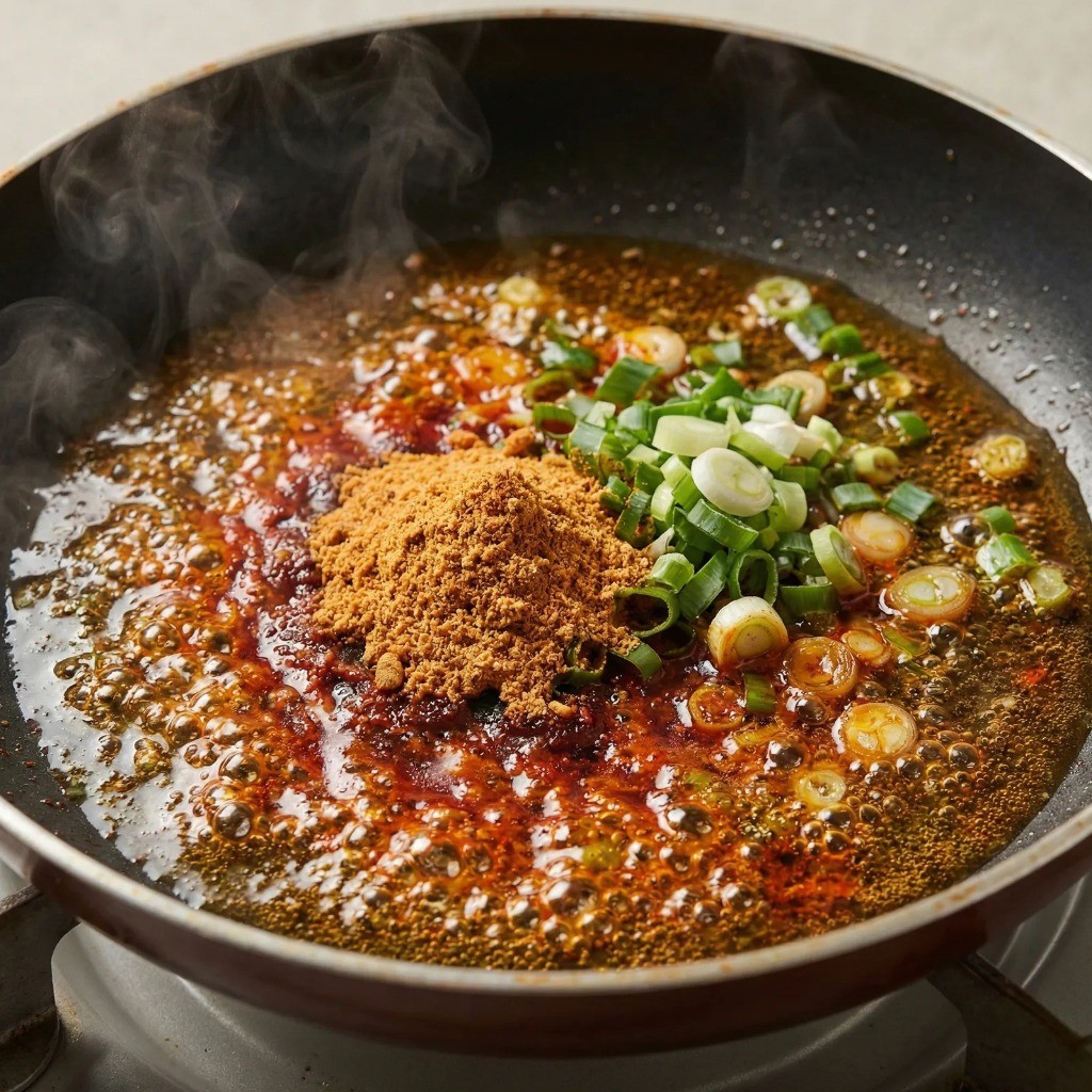 비빔라면 양념장 만들기: 프라이팬에 식용유 참기름 두르고 라면 스프와 대파 볶아 파기름 내기