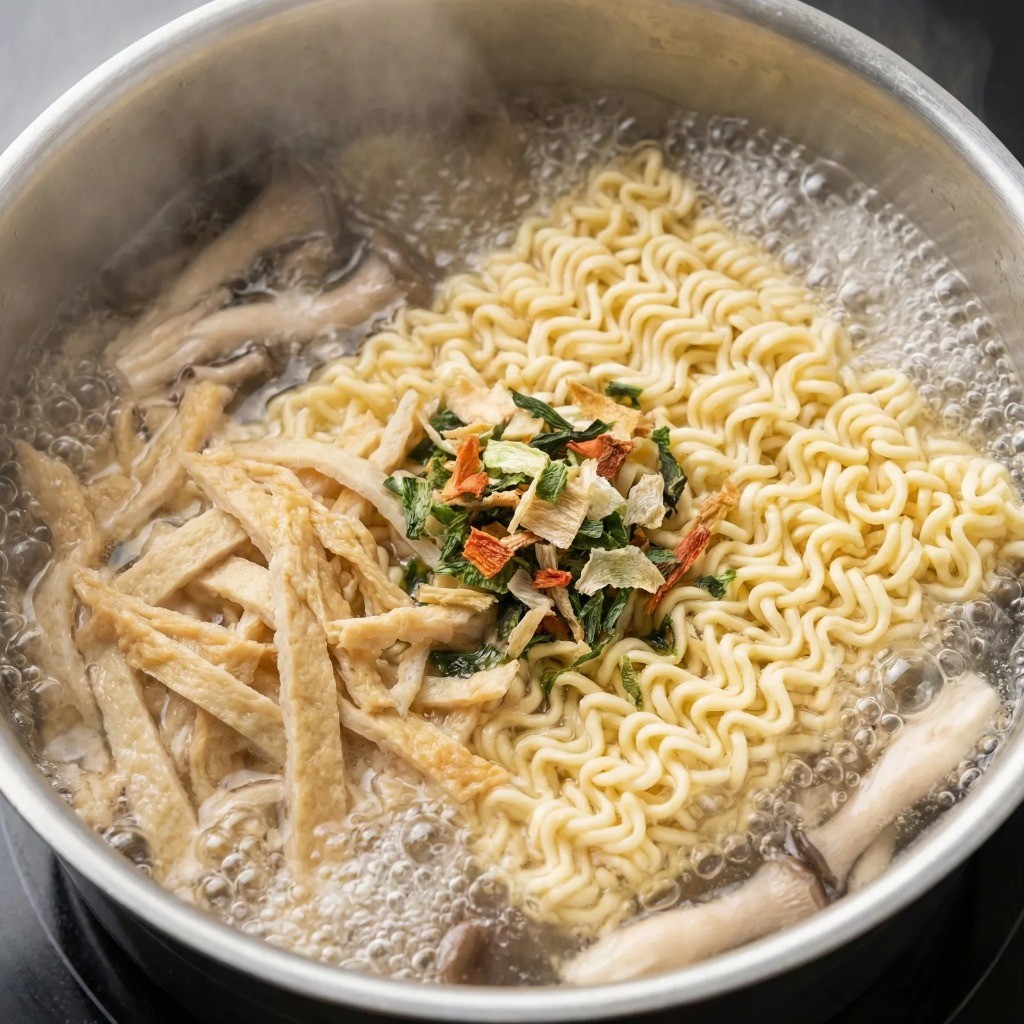 라면 비빔면 조리: 끓는 물에 면, 건더기 스프, 어묵, 버섯 함께 넣어 삶기