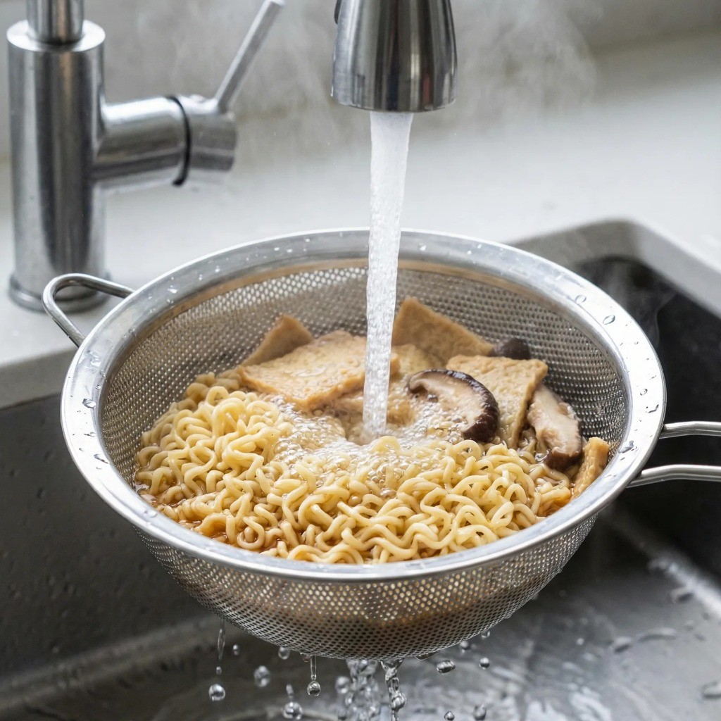 비빔면 면발 쫄깃하게 만들기: 삶은 면과 재료 찬물에 헹궈 물기 제거