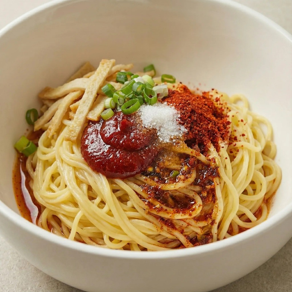 백종원 비빔라면 완성 단계: 설탕, 고춧가루, 고추장 양념과 볶은 스프 소스 넣어 비비기