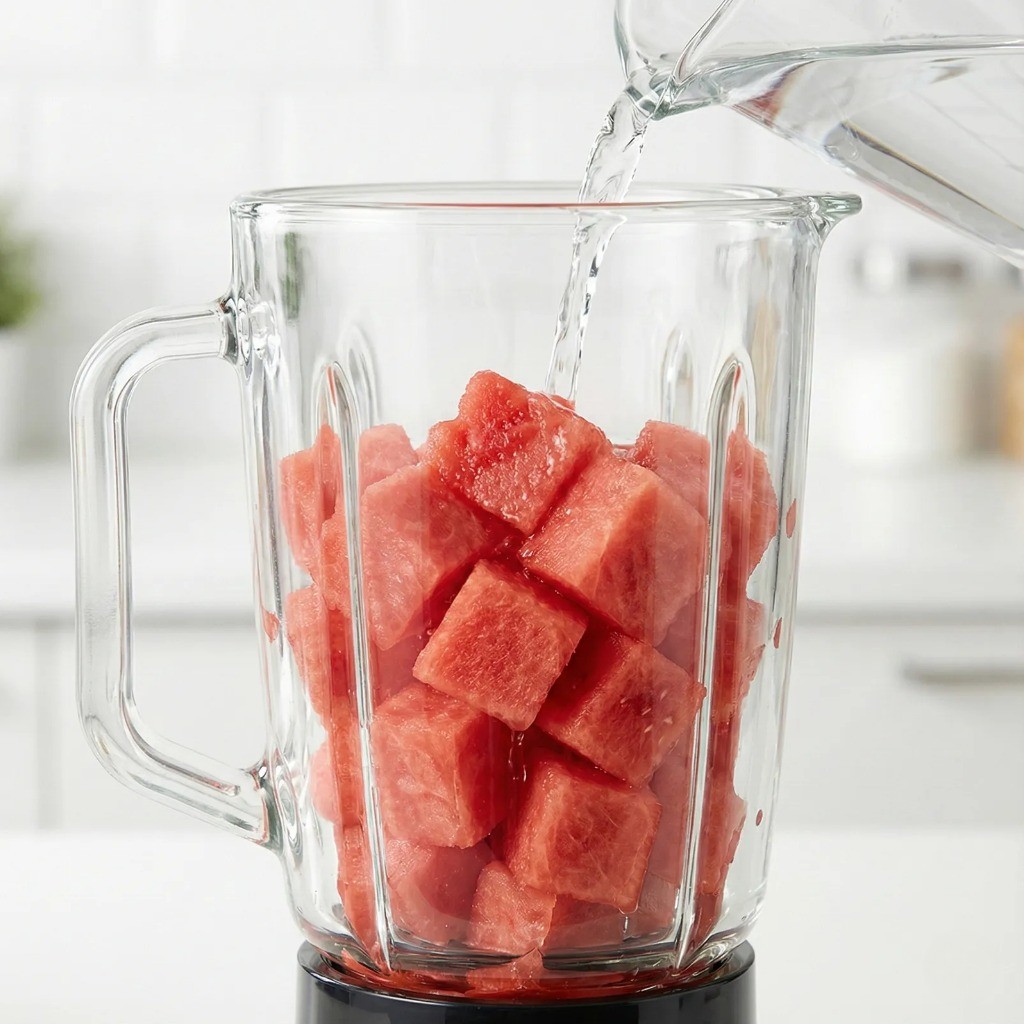 수박주스 만들기 믹서기에 수박과 물 넣기