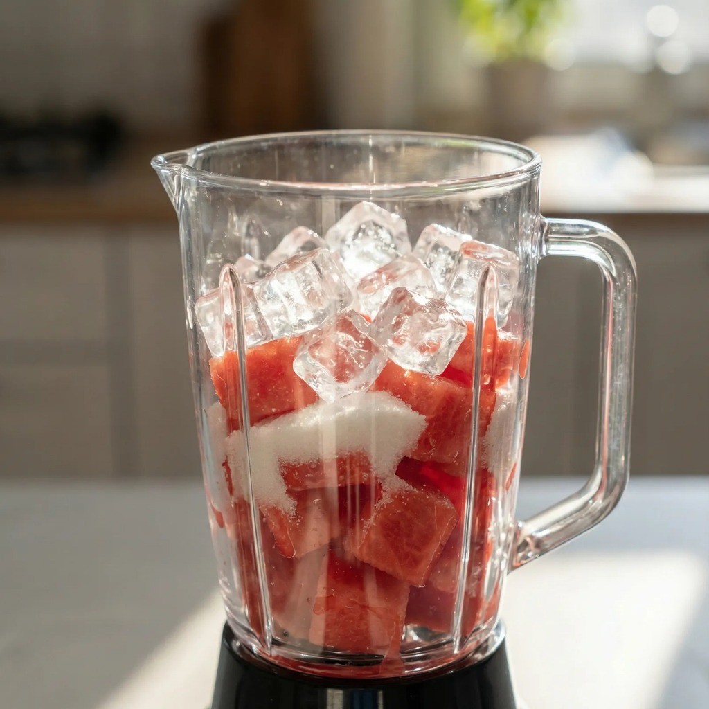 시원한 여름 음료 수박과 얼음 믹서기로 갈기