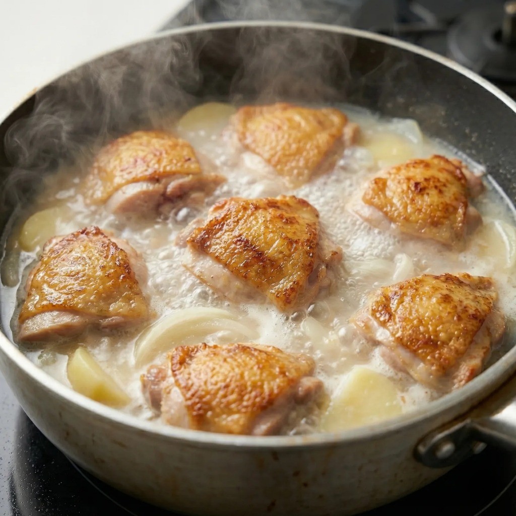 닭 육수 만들기 - 볶은 닭에 물 붓고 액젓으로 간 하기