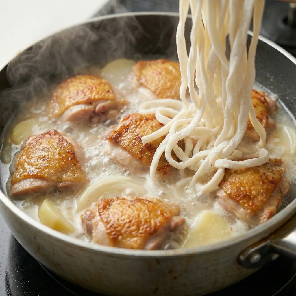 닭칼국수 조리 과정 - 육수에 면과 감자 양파 버섯 넣기