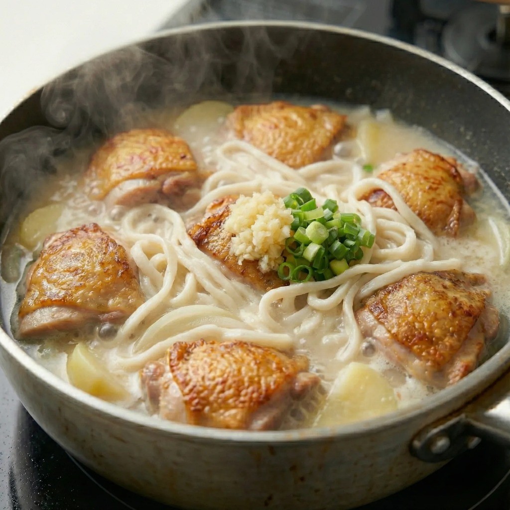 백종원 닭칼국수 완성 - 다진 마늘과 대파 올려 마무리