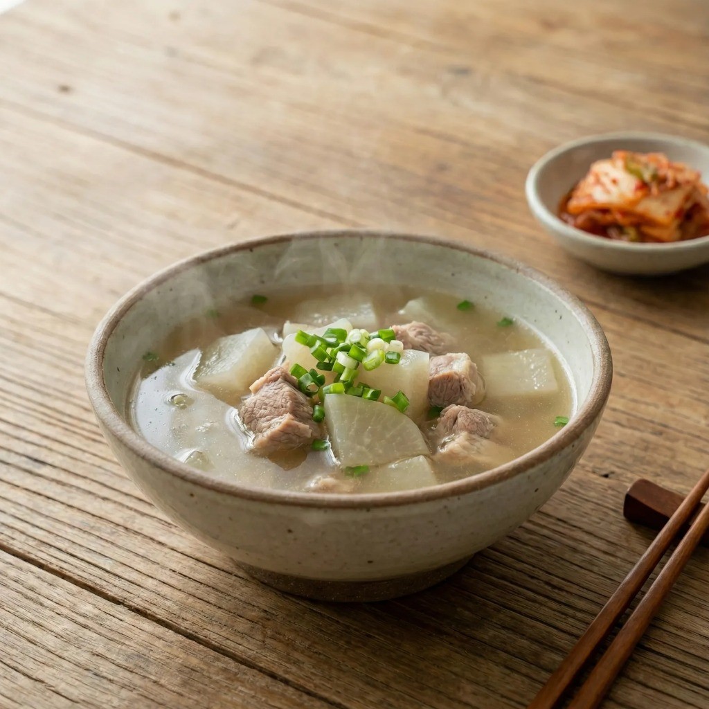 완성된 돼지고기 무국 그릇에 담기 - 맛소금으로 간 맞추기