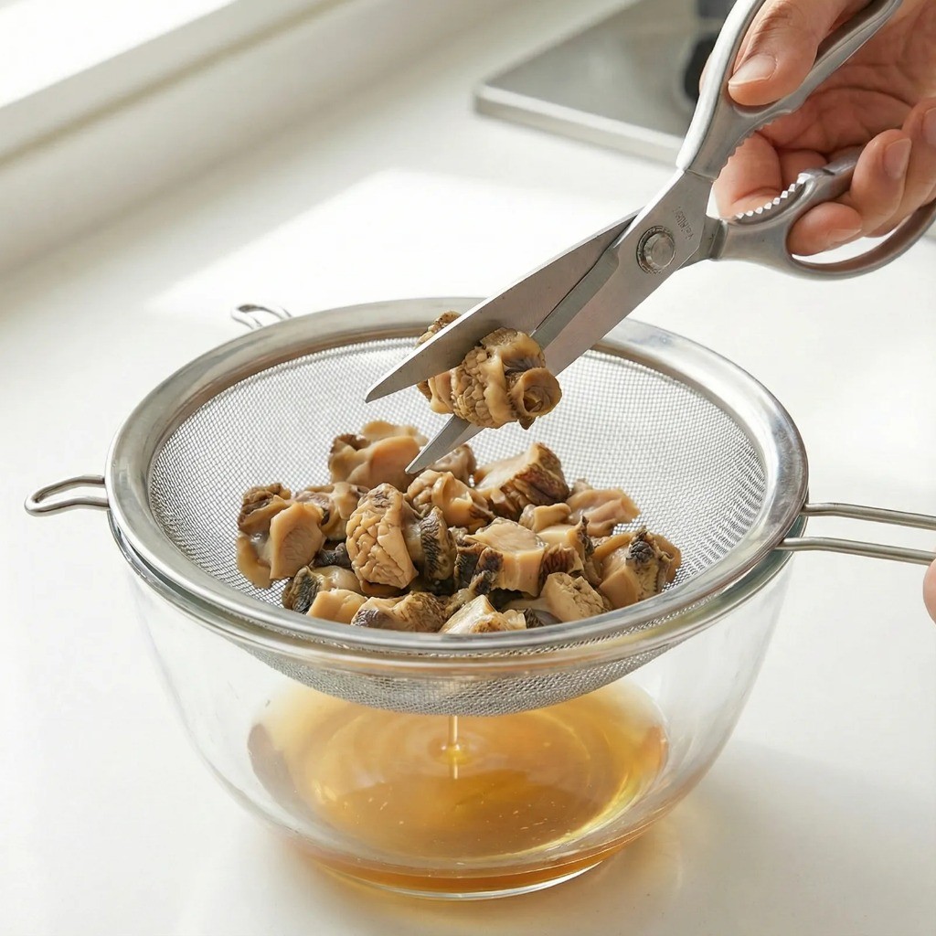 골뱅이 통조림 국물 분리 및 먹기 좋은 크기로 손질하는 과정