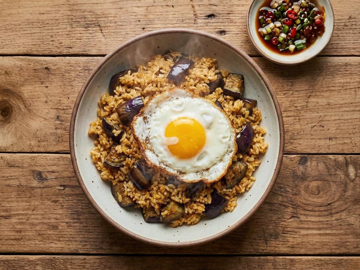 백종원 가지밥 완성: 전기밥솥으로 만든 부드러운 가지와 계란후라이가 올려진 한 그릇 요리