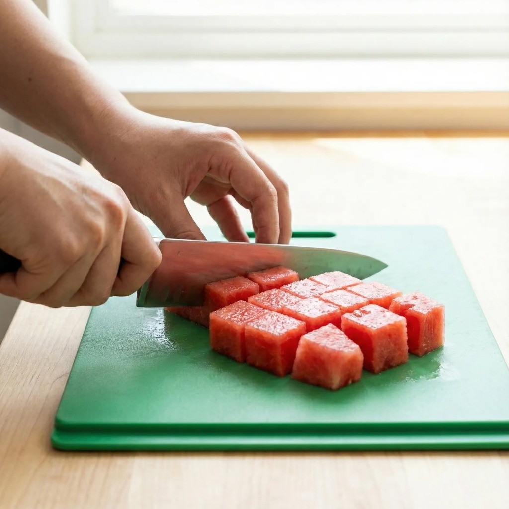백종원 수박화채 재료 손질 - 수박을 먹기 좋은 크기로 깍둑썰기 하는 모습