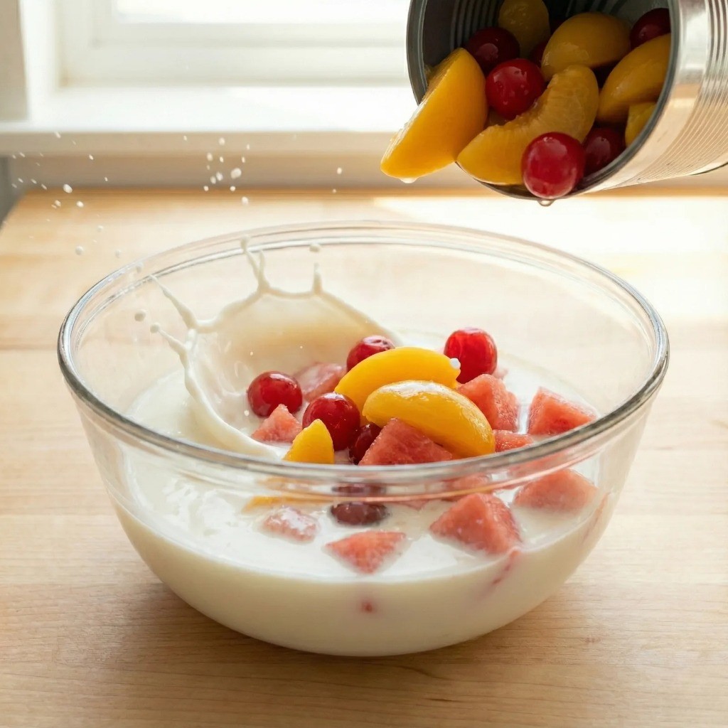 수박화채 재료 넣기 - 만들어둔 우유 사이다 국물에 후르츠 칵테일과 썰어둔 수박 넣기