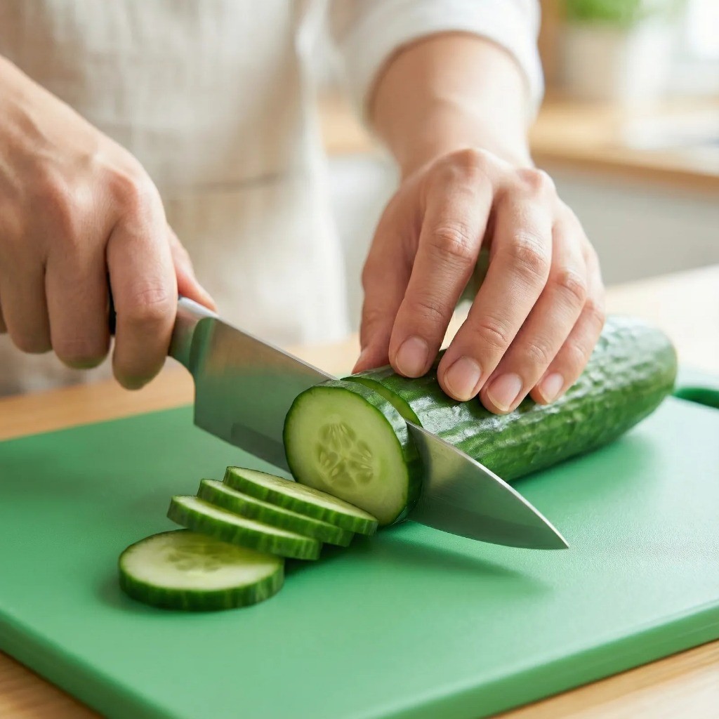 수박 오이 냉국 재료 손질, 오이를 얇게 채 썰거나 동그랗게 써는 모습