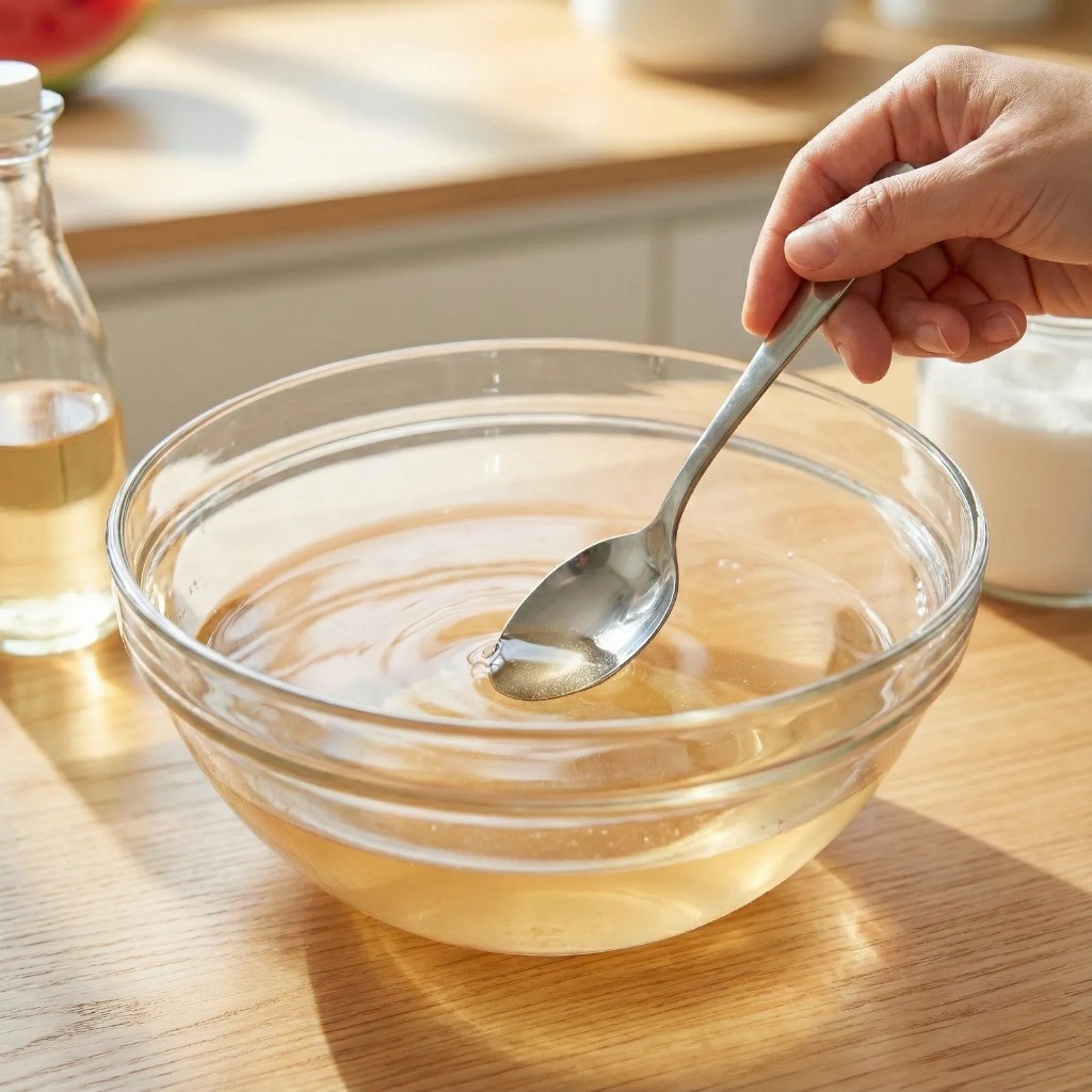 냉국 육수 만들기, 물 설탕 식초 간장 황금비율로 섞는 모습
