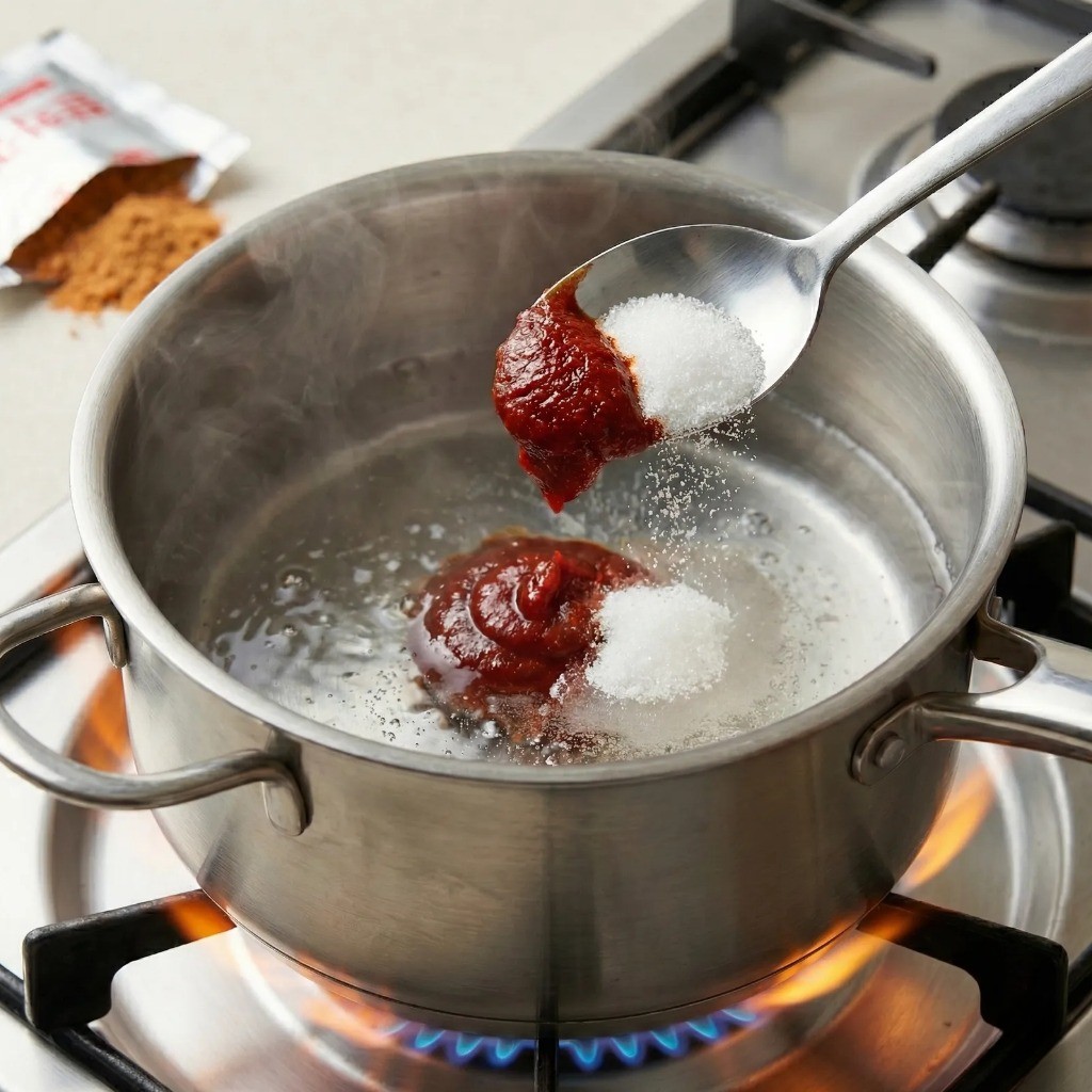 라볶이 양념 만들기 - 물, 고추장, 설탕, 라면스프 넣는 과정