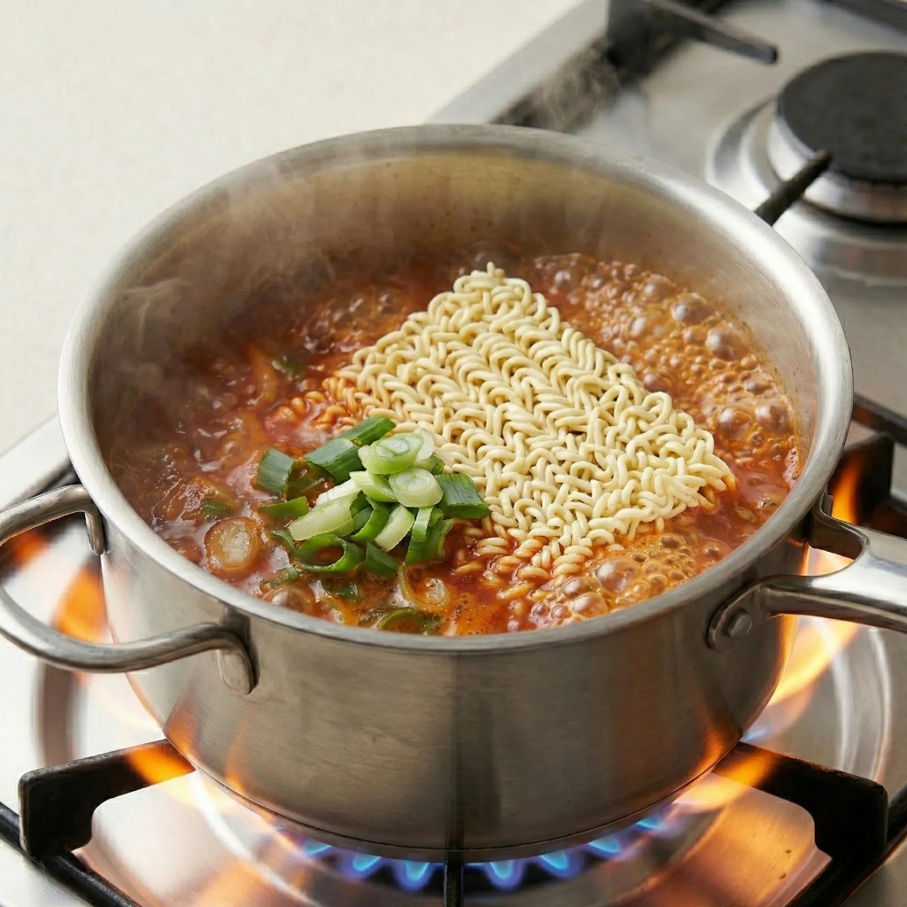 라볶이 조리 과정 - 끓는 양념 육수에 라면 사리와 대파 넣기