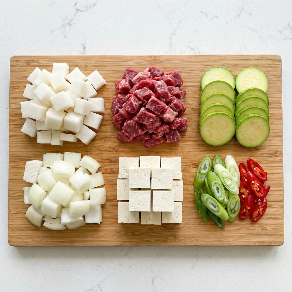 소고기 무 양파 호박 두부 등 된장찌개 재료 손질된 모습