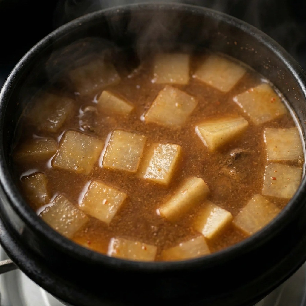 보글보글 끓어오른 된장찌개 국물을 잠시 식혀 무에 맛을 들이는 과정