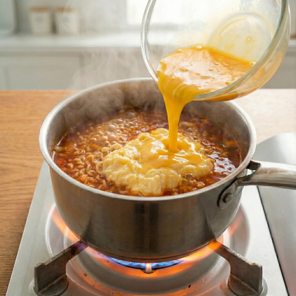 라면 국물에 푼 계란물 넣어 부드러운 식감 만들기