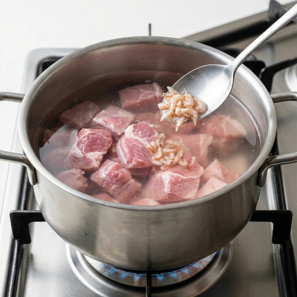 백종원 김치찌개 레시피 1단계: 냄비에 돼지고기, 물, 새우젓을 넣고 끓이기 시작하는 모습