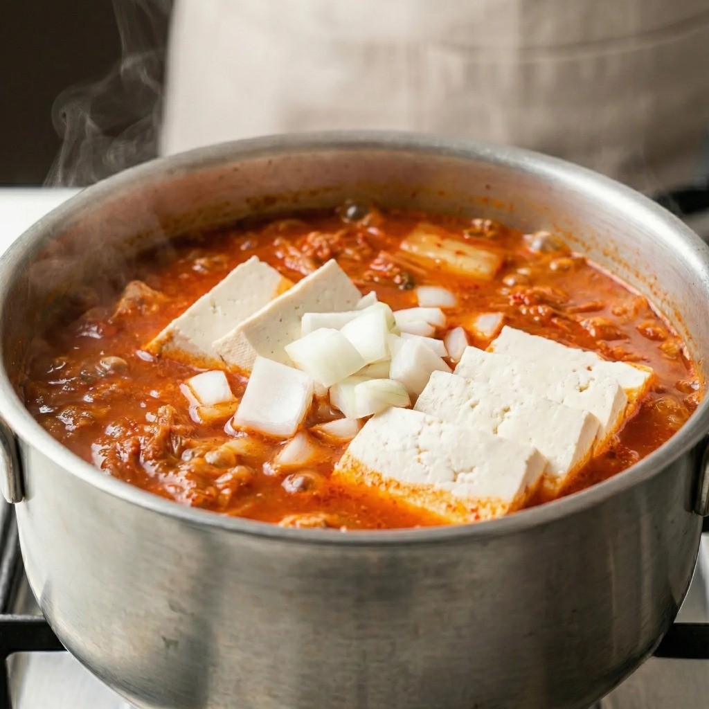 김치찌개 부재료 추가: 취향에 따라 두부와 양파를 넣고 한소끔 더 끓이는 모습