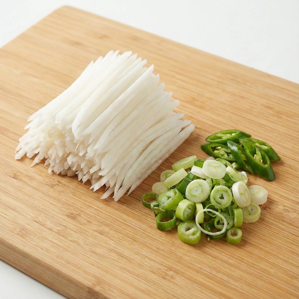 백종원 무파라면 재료 손질, 얇게 채 썬 무와 대파 청양고추 준비