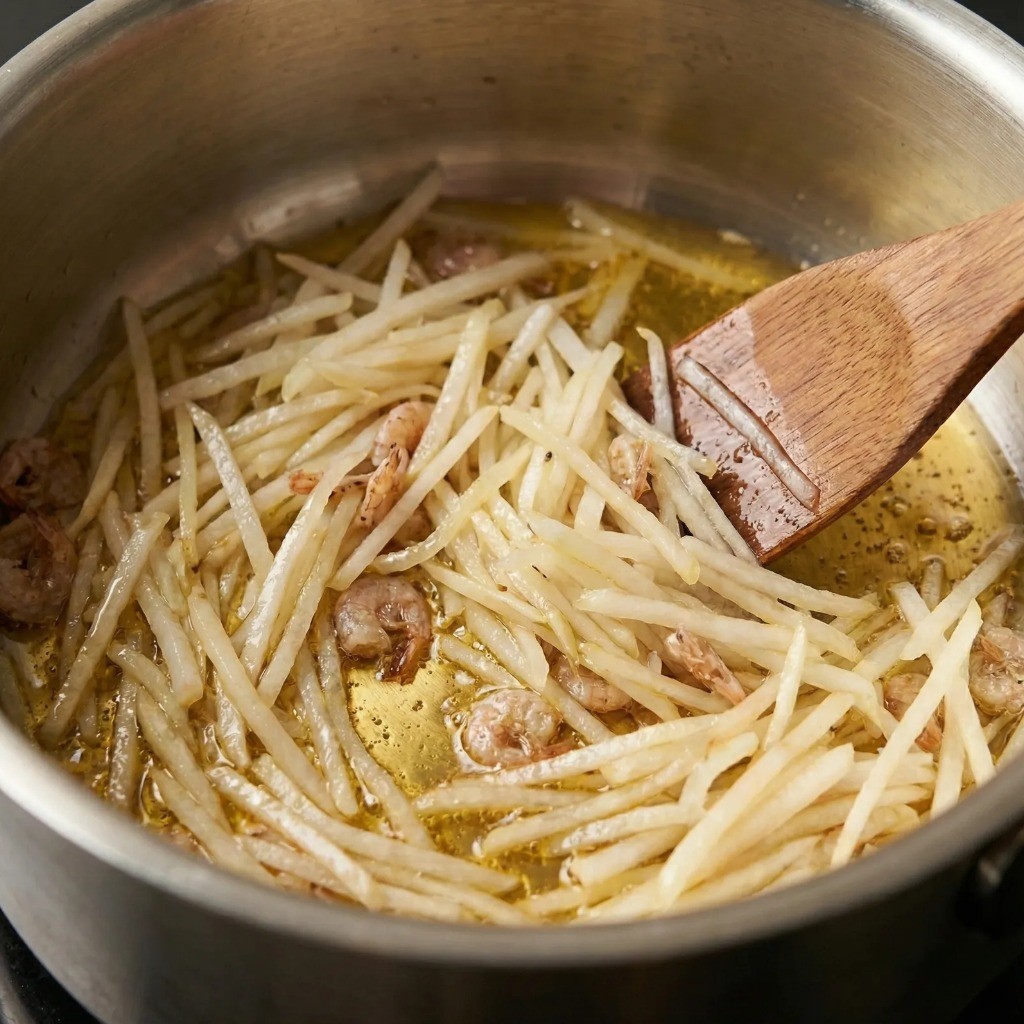 백종원 무파라면 조리 과정, 볶은 새우젓에 무채 넣어 숨이 죽을 때까지 볶기