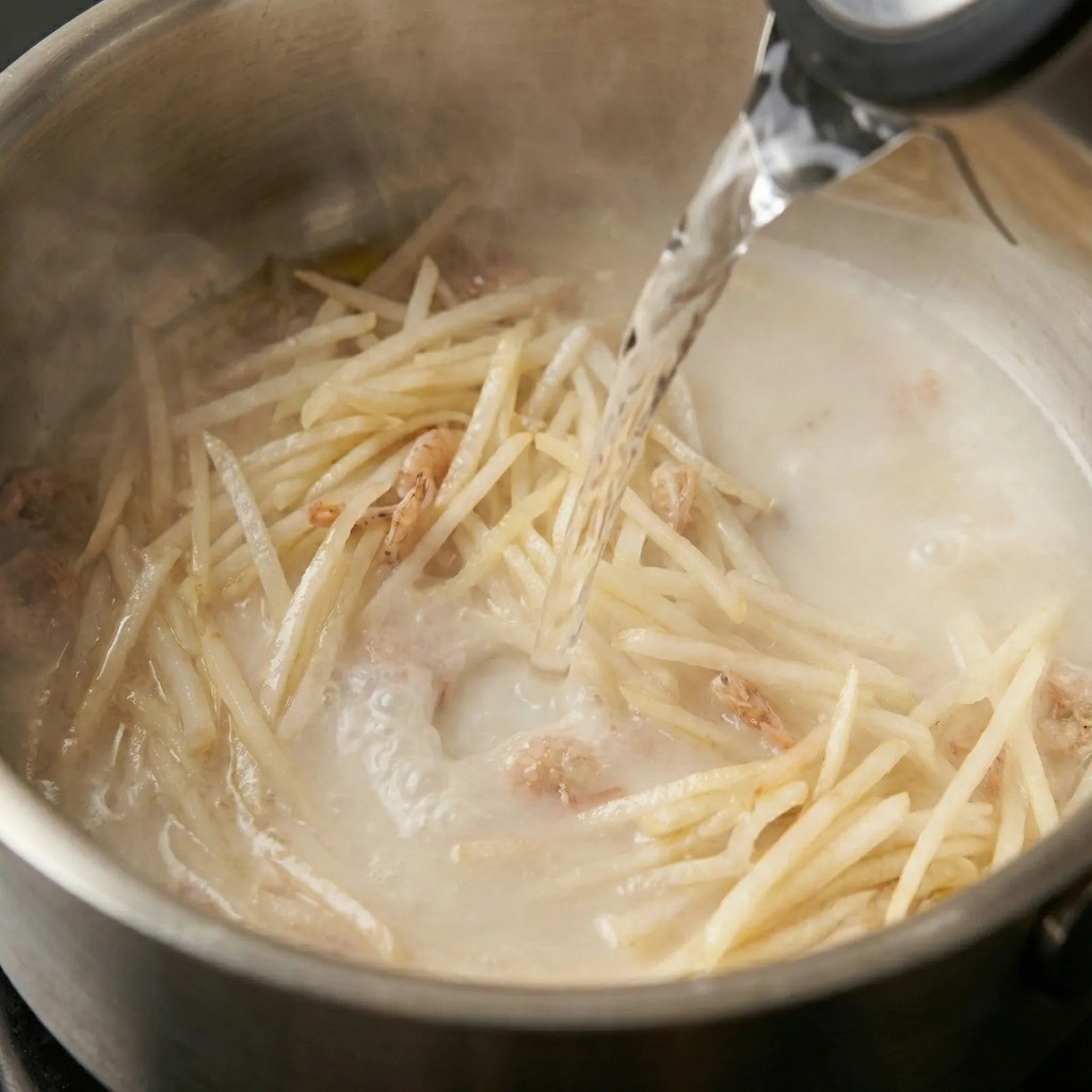시원한 라면 국물 비법, 볶은 무에 물 부어 뽀얀 육수 만들기