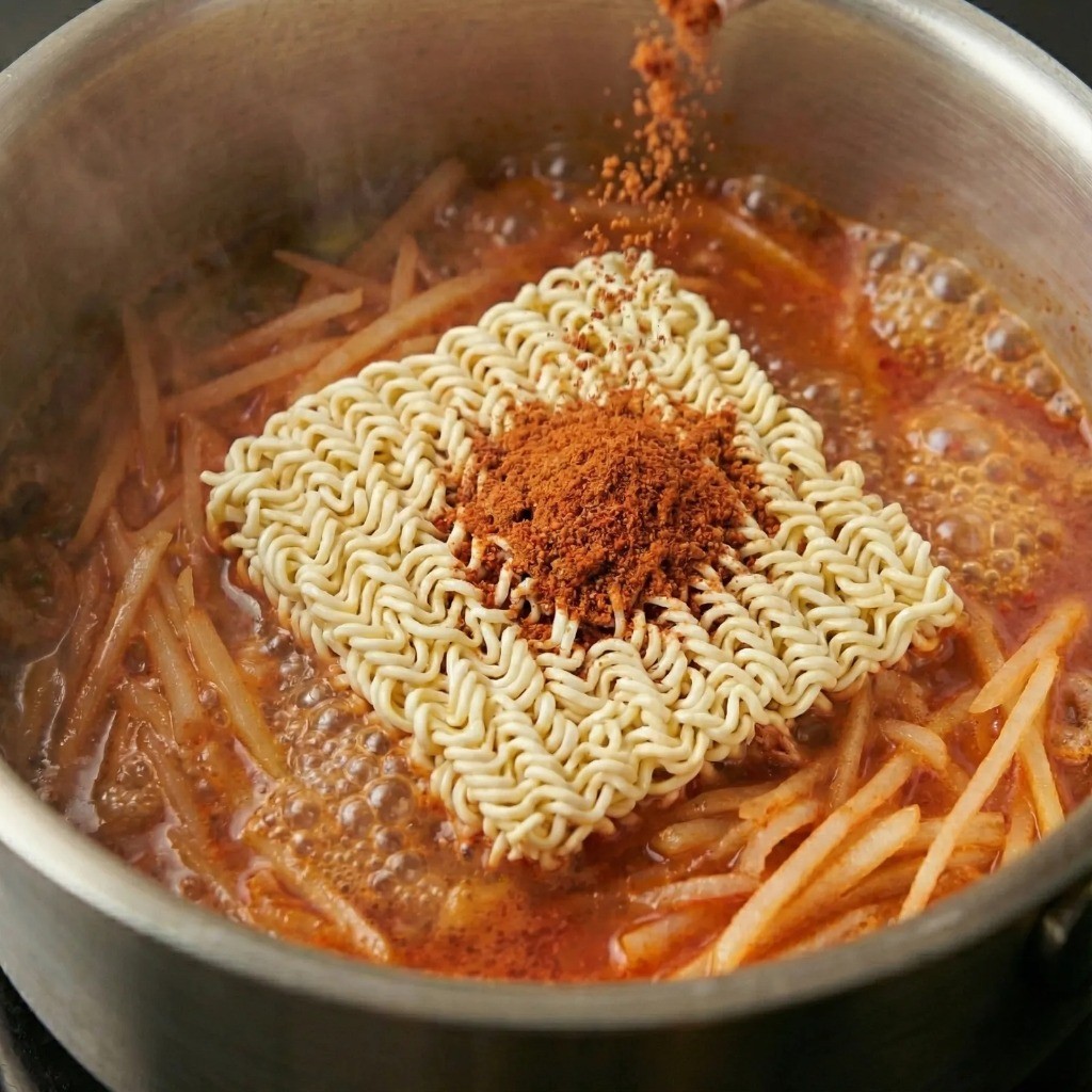 해장라면 끓이는 법, 끓는 무 육수에 라면 면과 스프 투하